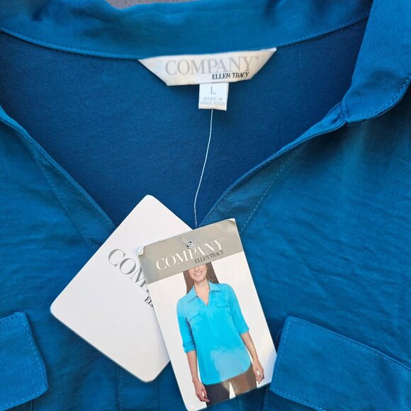 Company Ellen Tracy Sz L Enamel Blue Long Sleeve Roll Tab Blouse Lightweight NWT - Picture 3 of 14